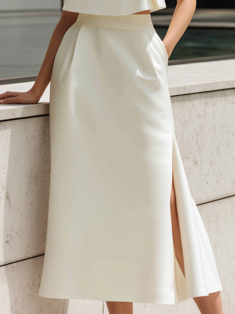 High-Neck Bow Detail Cropped Top & Slit Midi Skirt Set