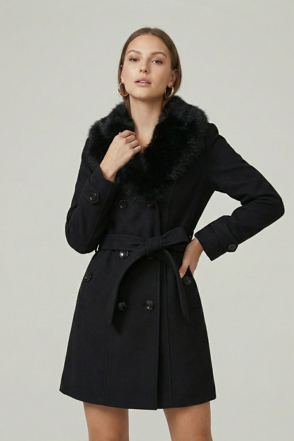 Women’s Double-Breasted Belted Trench Coat with Faux Fur Collar