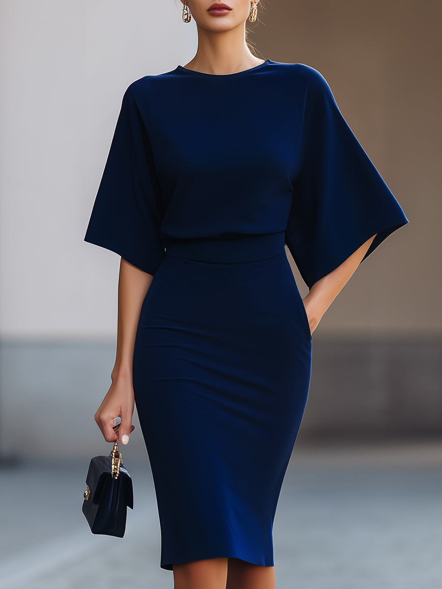 Minimalist Navy Batwing Sleeve Top & Midi Skirt Two-Piece Set