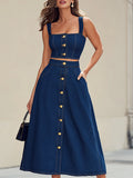 Retro Indigo Denim Bustier Crop Top & Maxi Skirt Two-Piece Set