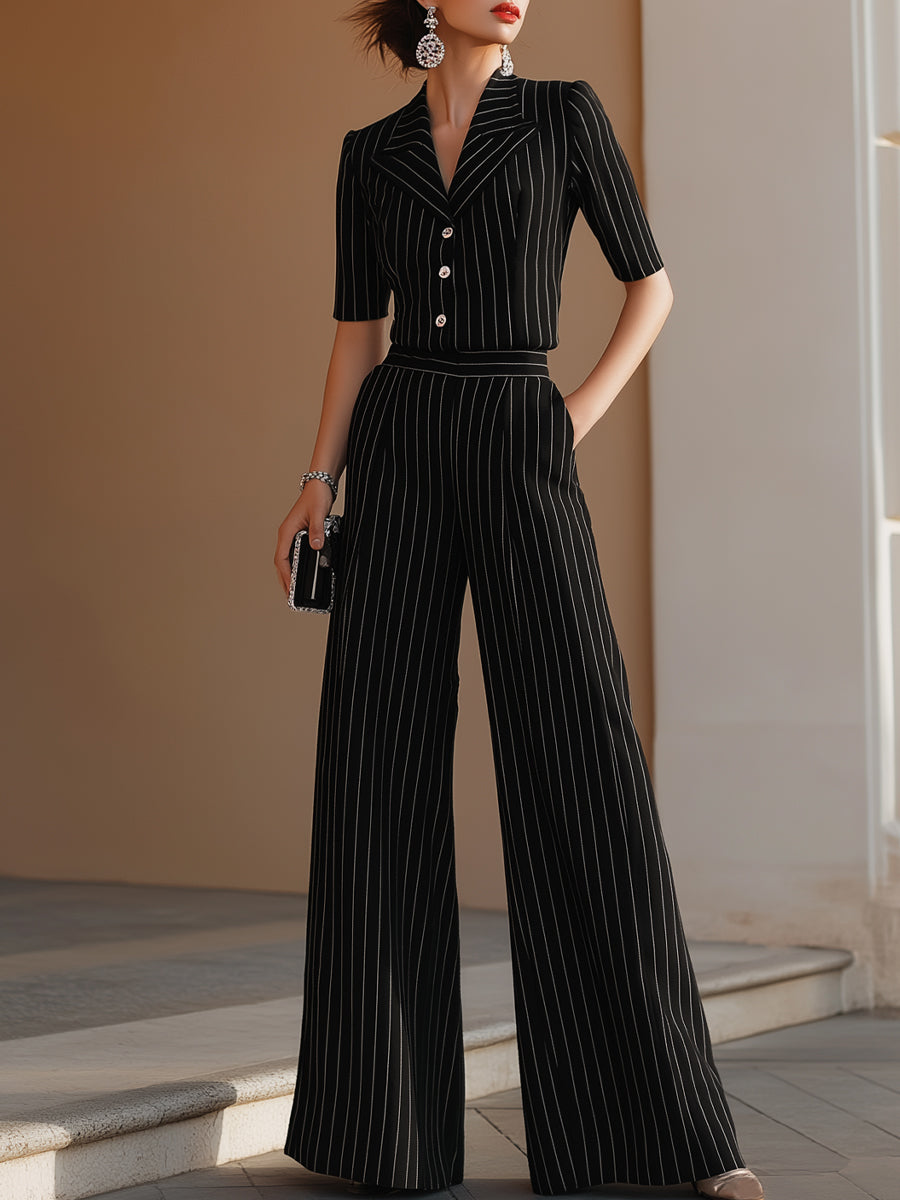 Pinstripe Tailored Button-Front Top & Wide-Leg Trouser Set