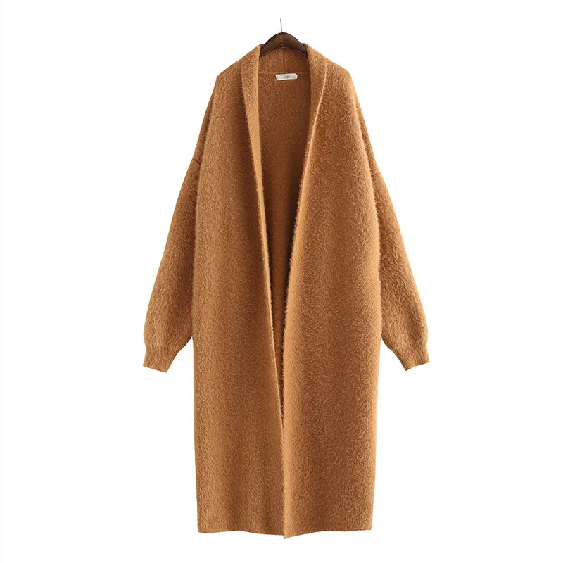 Women’s Hooded Midi Cardigan – Open Front Longline Knit Layer