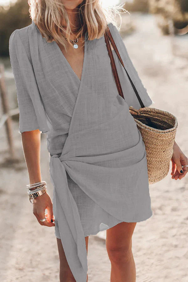 Women’s Wrap Linen Mini Dress – Asymmetrical Hem and Adjustable Fit for Summer