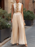 Sophisticated Pleated Wide-Leg Set – Ruffled Sleeveless Blouse & High-Waist Trousers