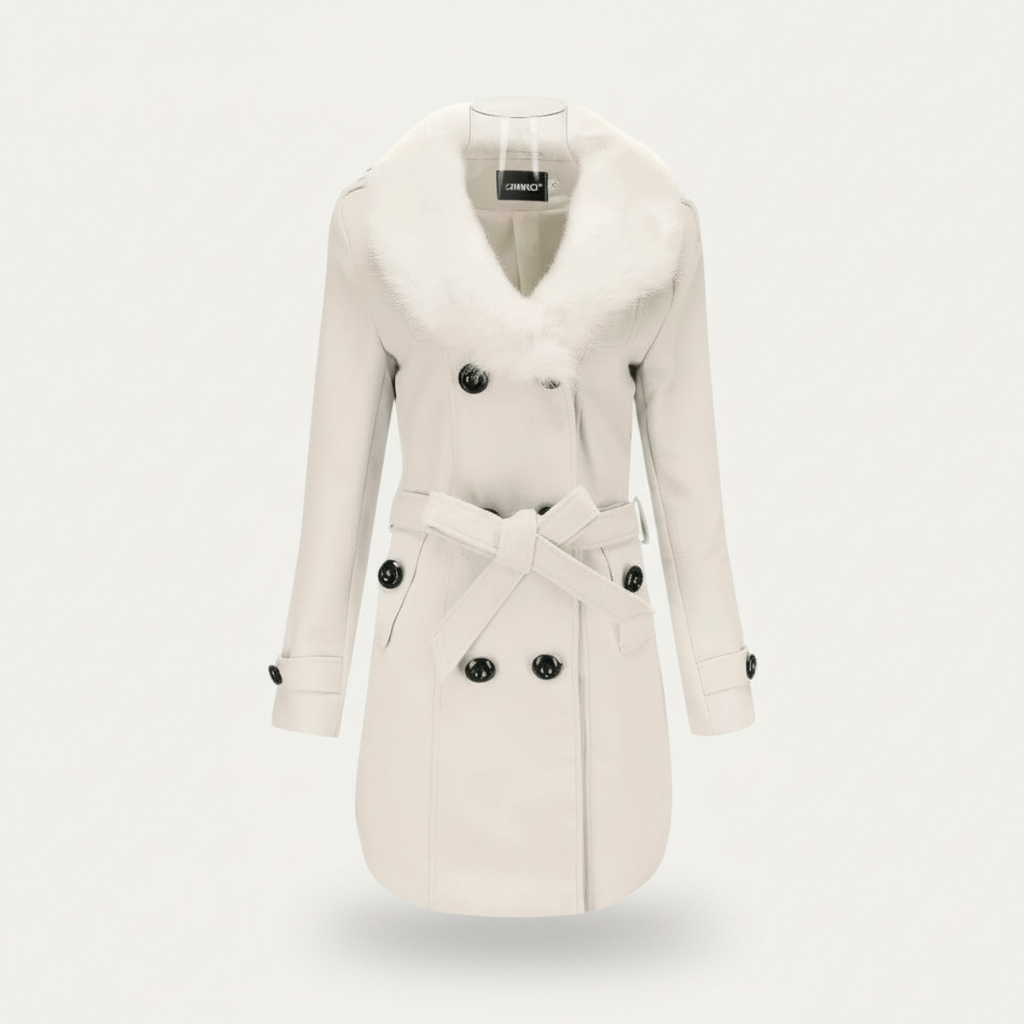 Women’s Double-Breasted Belted Trench Coat with Faux Fur Collar