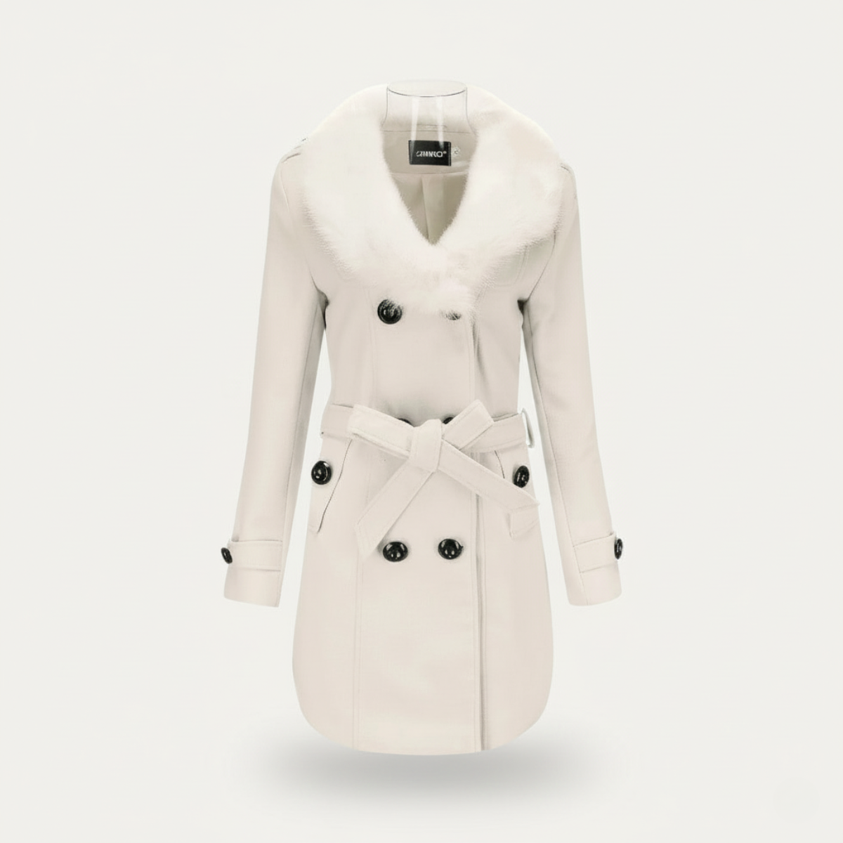 Women’s Double-Breasted Belted Trench Coat with Faux Fur Collar