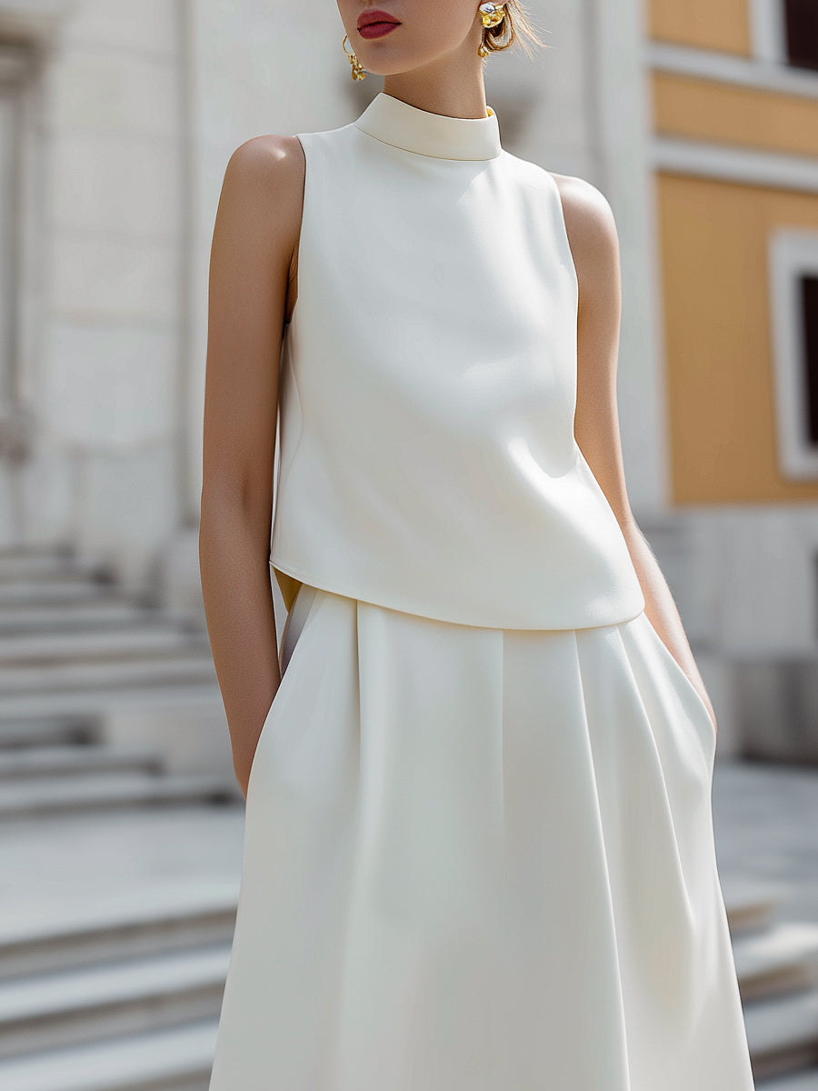 High-Neck Sleeveless Top & A-Line Skirt Two-Piece Set