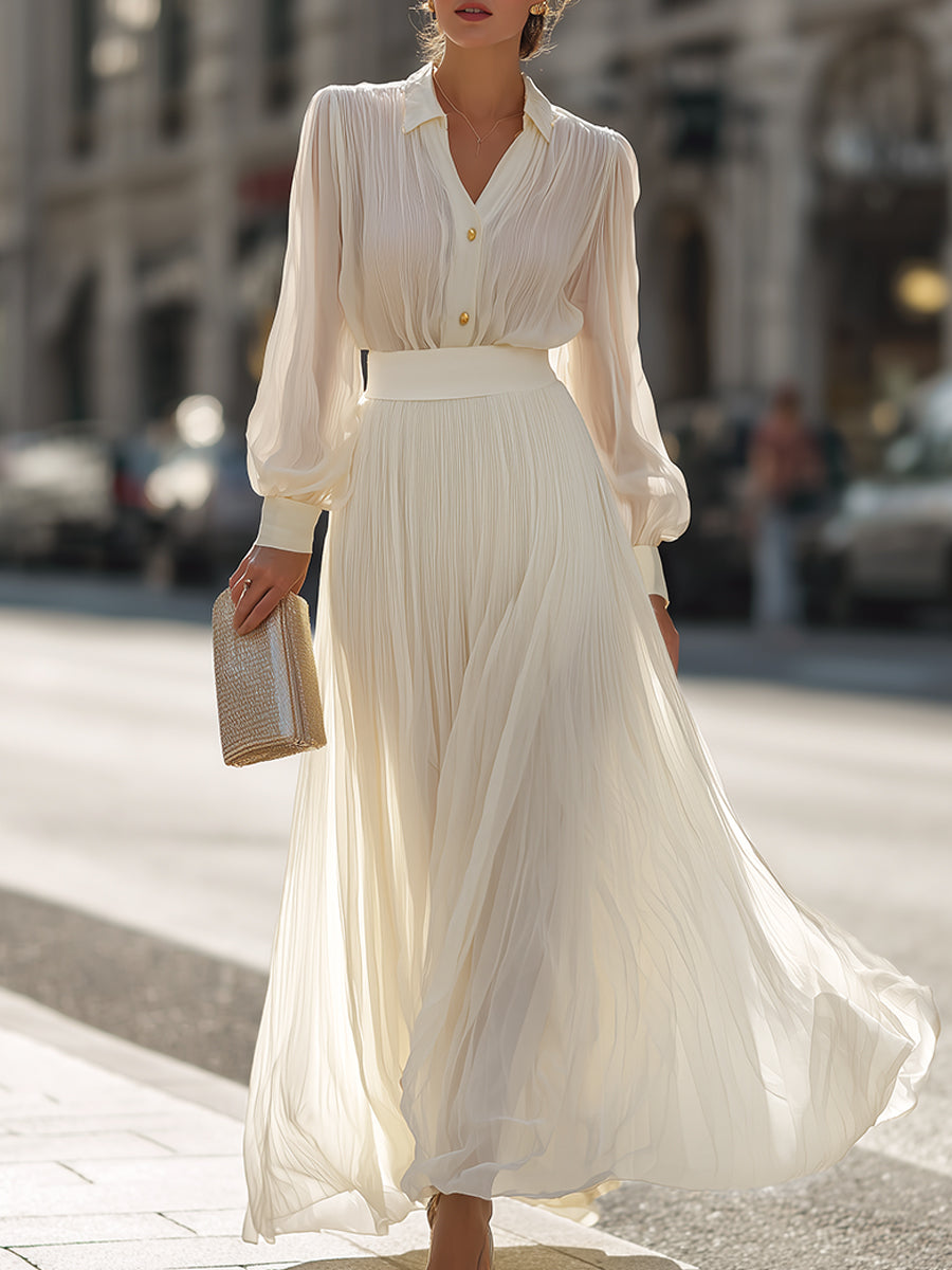 Pleated Shirt Top And Maxi Skirt Set