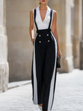 Black & White Contrast Sleeveless Blouse And Wide-Leg Pants Set