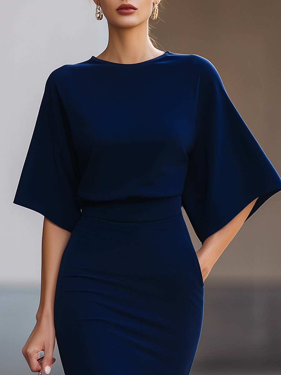 Minimalist Navy Batwing Sleeve Top & Midi Skirt Two-Piece Set