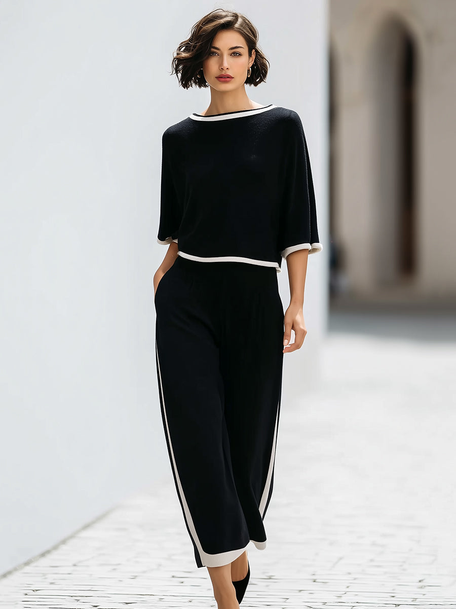 Contrast Trim Knit Lounge Set | Relaxed Short Sleeve Top & Wide-Leg Pants