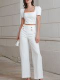 Romantic White Puff Sleeve Crop Top & Wide-Leg Pants Two-Piece Set