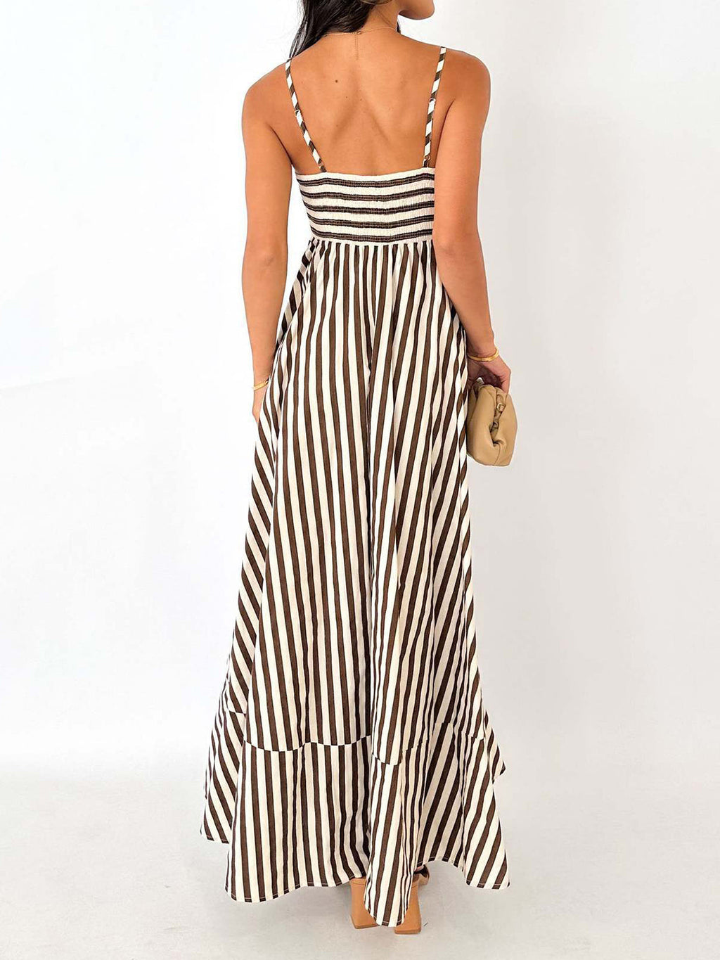 Women's Black Striped Pleated Maxi Sundress - Sleeveless Summer Style