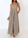 Women's Black Striped Pleated Maxi Sundress - Sleeveless Summer Style