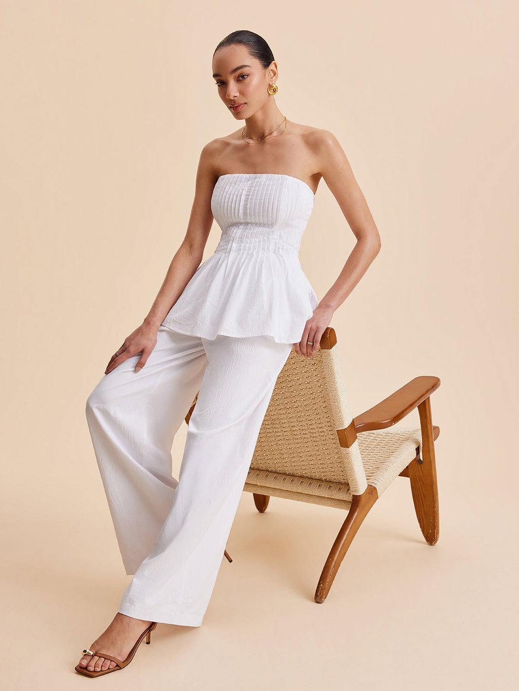 Cotton Pleated Strapless Peplum Top