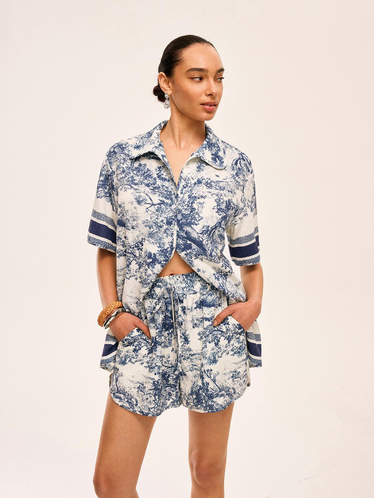 Printed Contrast Trim Shorts Set
