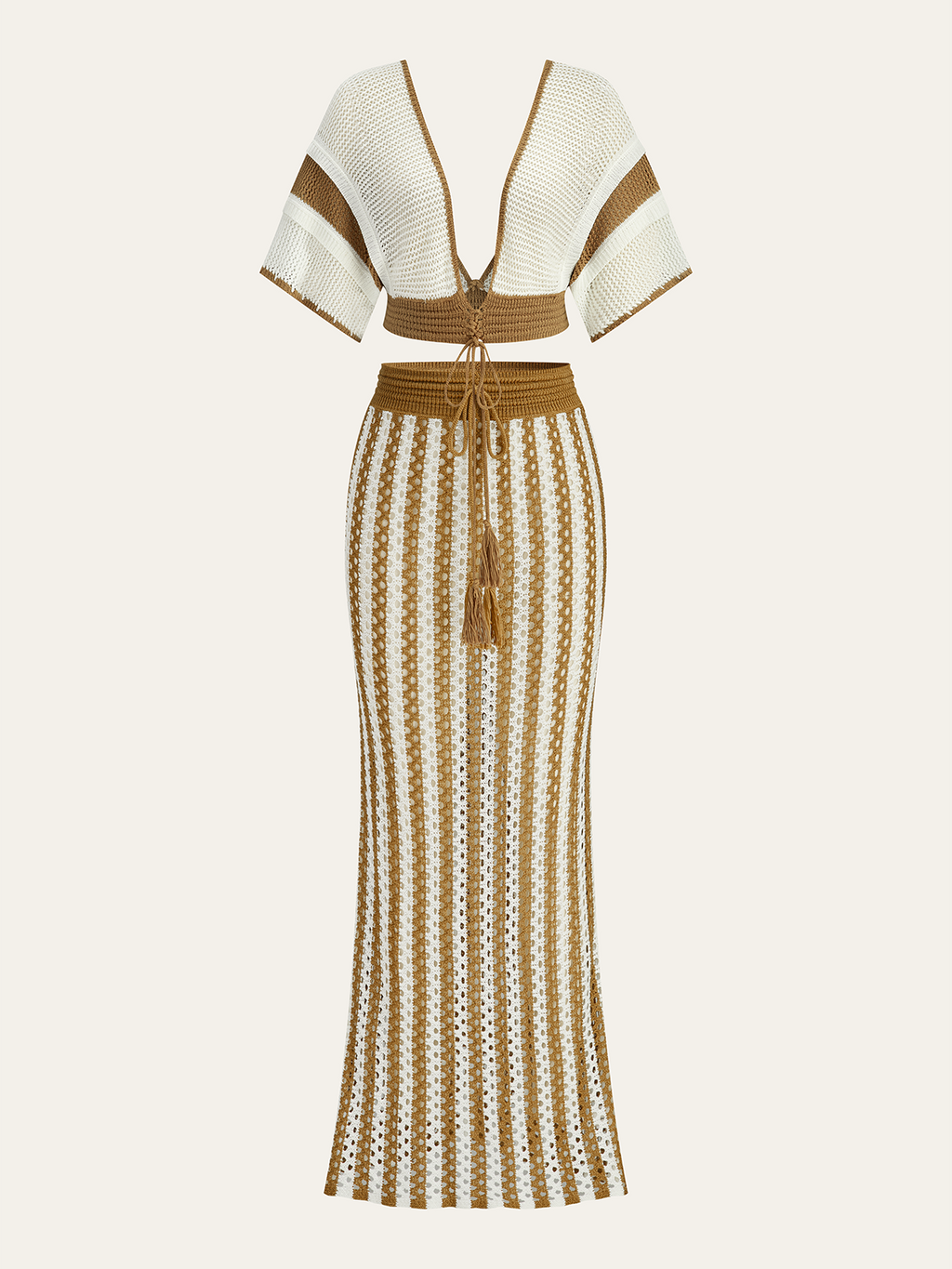 Crochet Stripe Skirt Set With Tassel Tie Waist