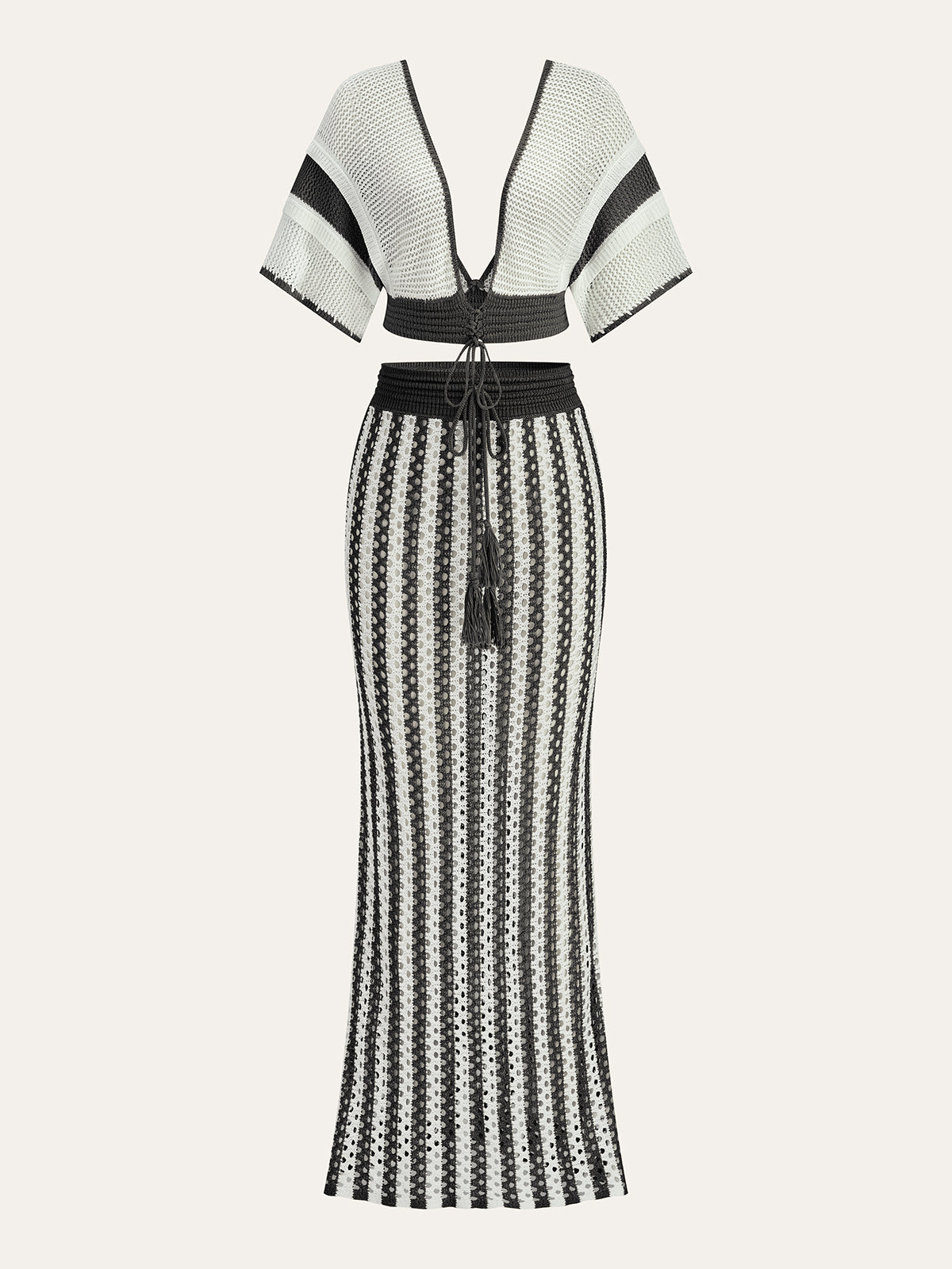 Crochet Stripe Skirt Set With Tassel Tie Waist