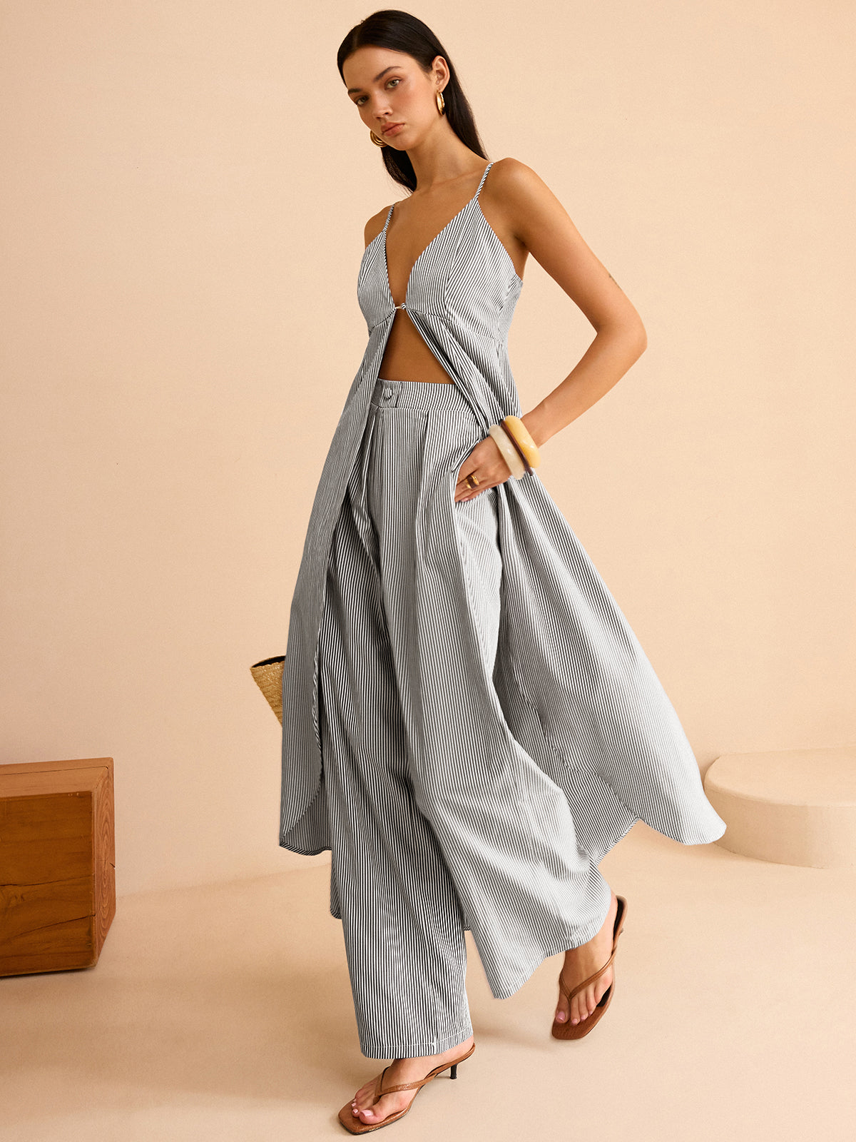Striped Long Cami Top and Wide-Leg Pants Set