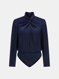 Twisted Mock Neck Long-Sleeve Satin Bodysuit