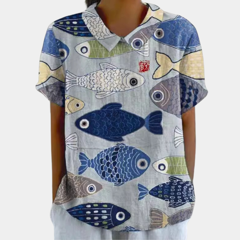 Bruna Blouse Femme – Casual Top with Short Sleeves with Pastoral Floral Print & Round Neck