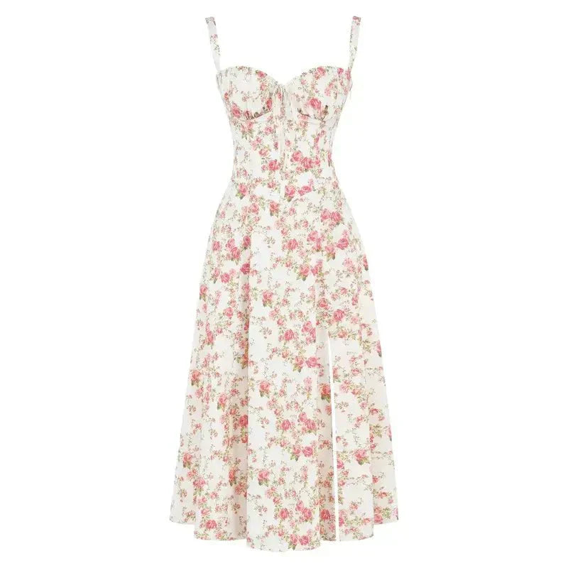Corset Midi Dress – Tailored Waist and Flowing Skirt