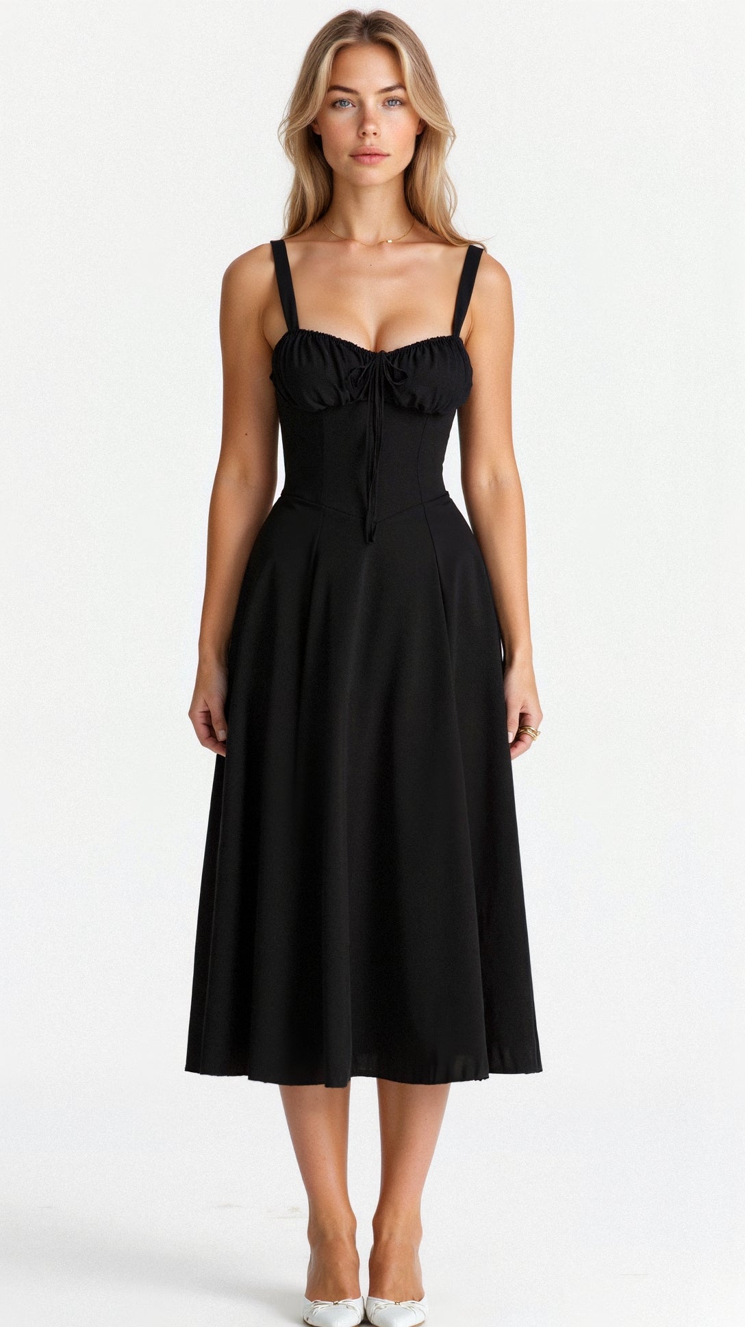 Corset Midi Dress – Tailored Waist and Flowing Skirt