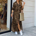 Women's Leopard Print 3/4 Sleeve Shirt Dress - Button-Up Split Maxi
