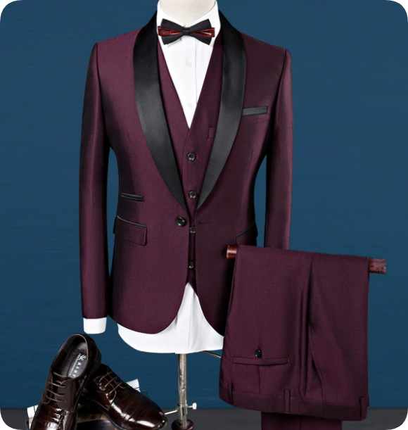 Formal Dark Brown 3-Piece Men’s Suit – Black Shawl Lapel, Elegant Party Ensemble
