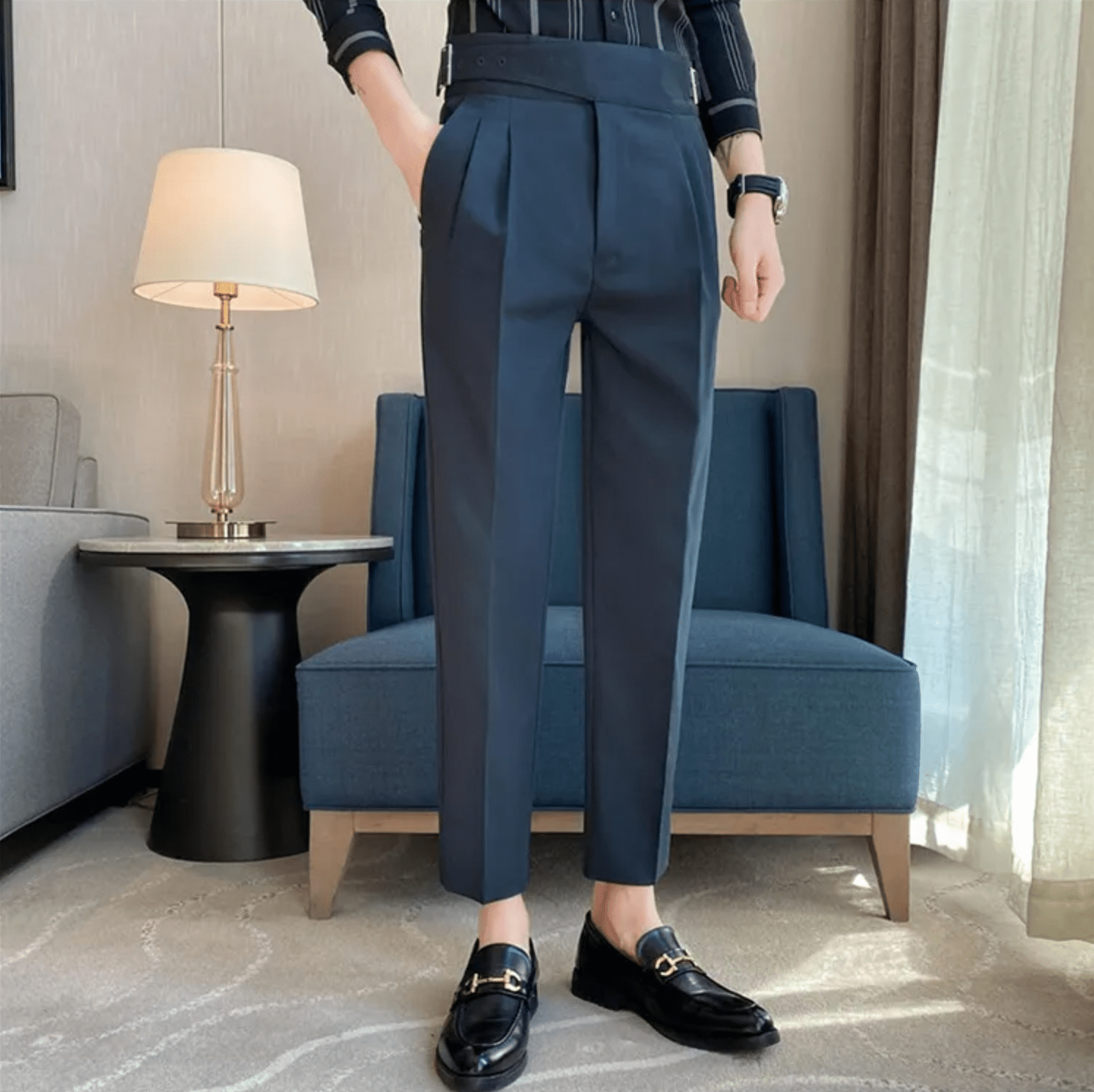 High Waisted Pleated Men's Formal Straight Fit Trousers
