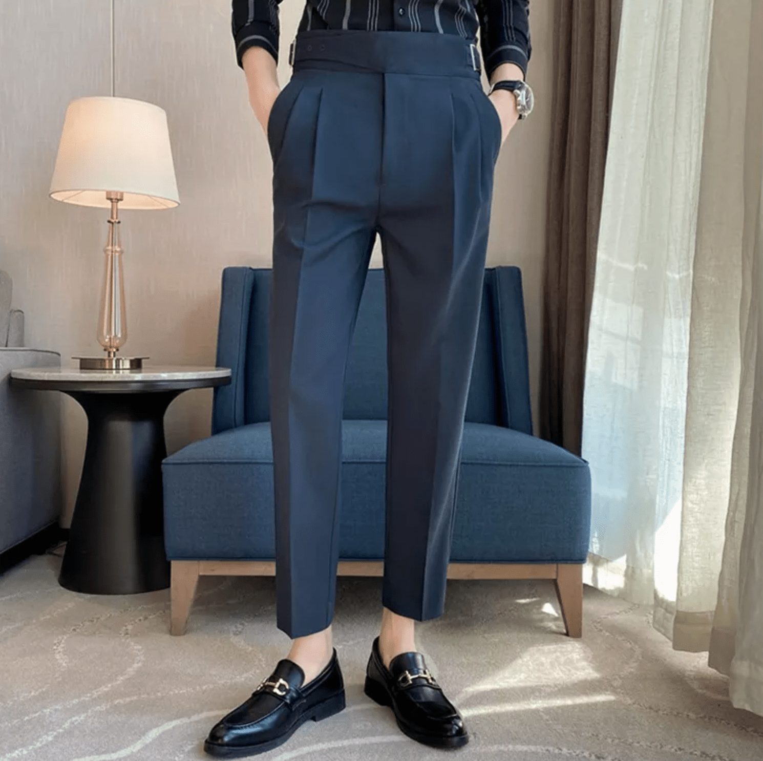 High Waisted Pleated Men's Formal Straight Fit Trousers