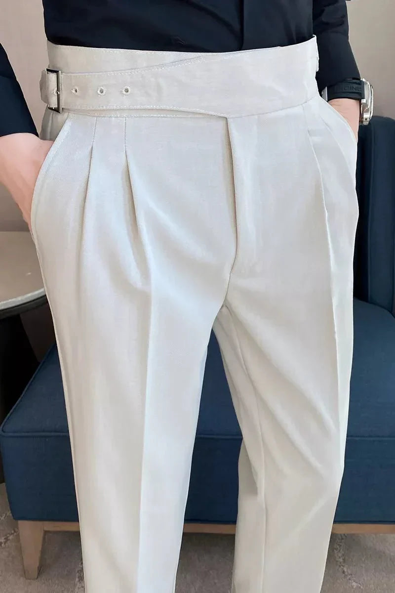 High Waisted Pleated Men's Formal Straight Fit Trousers