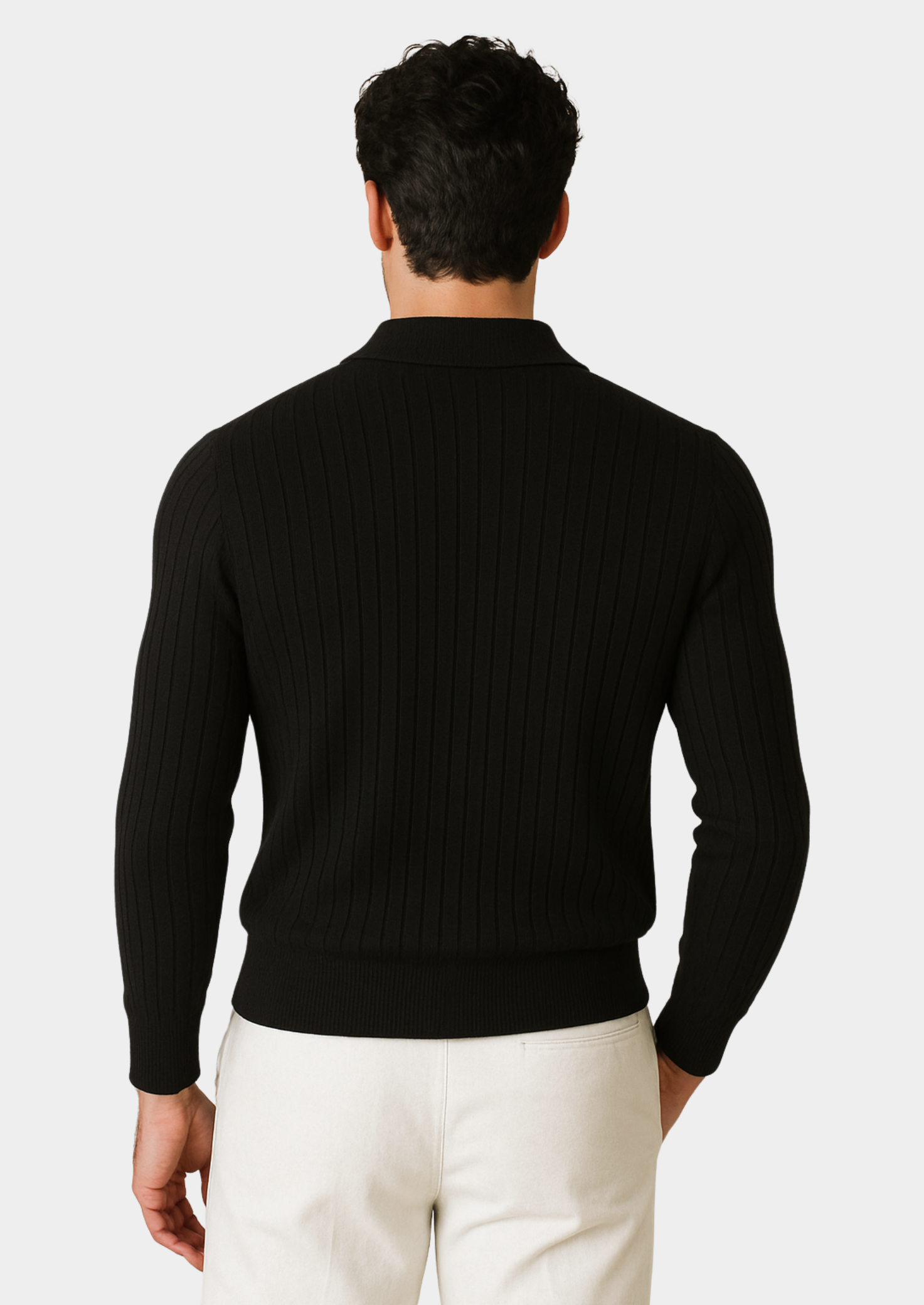 Men’s Black Ribbed Polo Sweater with Open Collar – Smart Casual Knit