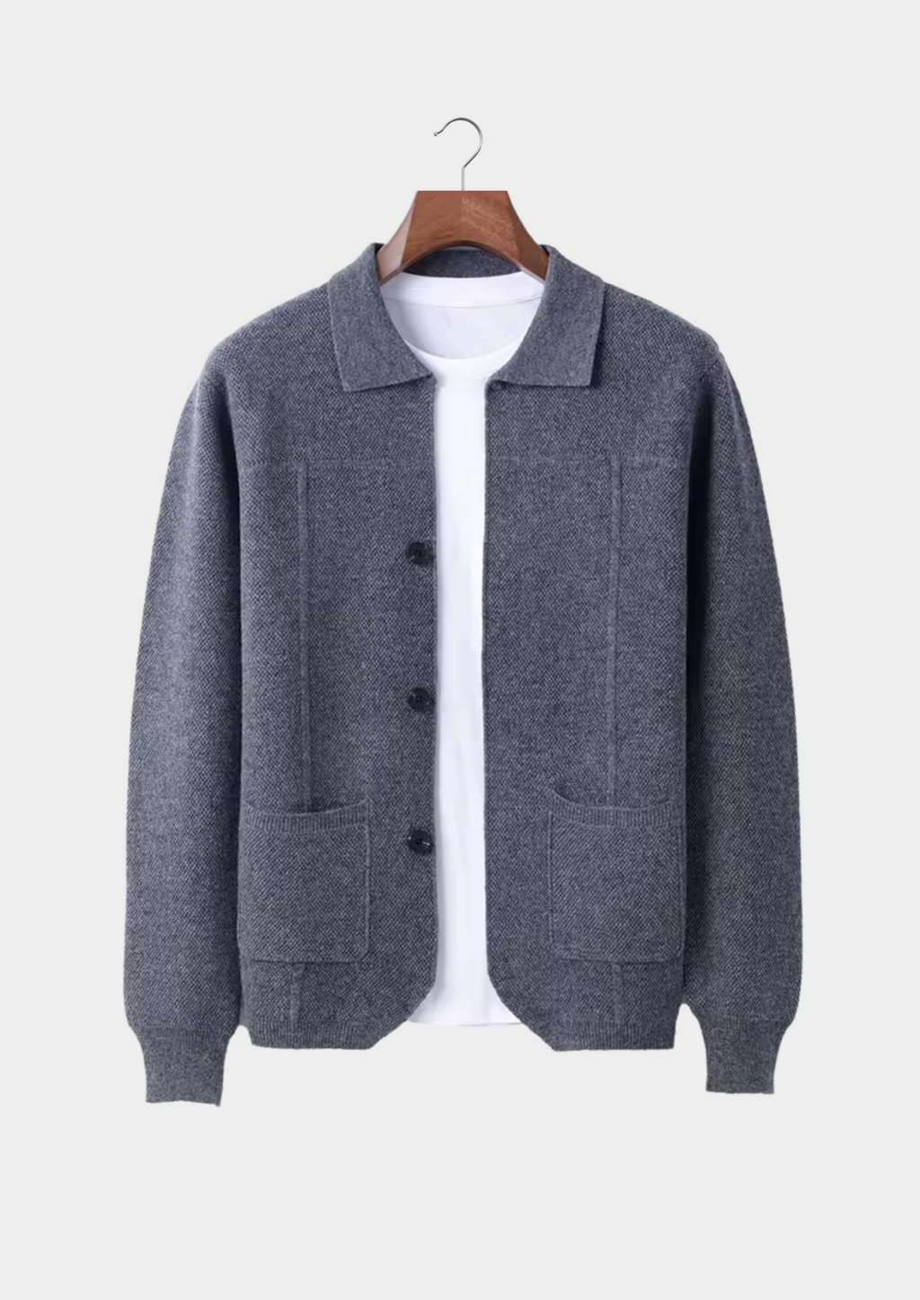 Men’s Button-Up Cardigan Sweater with Collar and Front Pockets