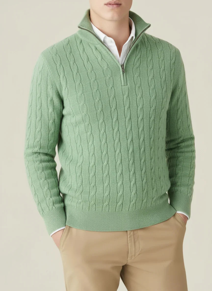 Men’s Cable Knit Half Zip Jumper – Stand Collar, Rib Trim