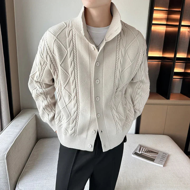 Men’s Chunky Knit Cardigan Sweater with Cable Pattern