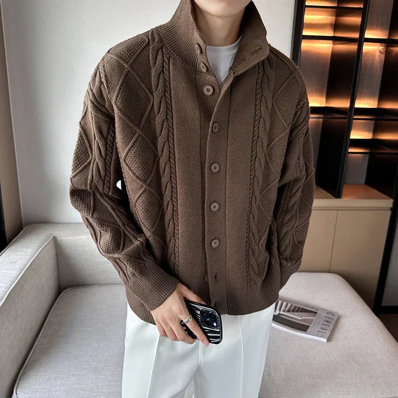 Men’s Chunky Knit Cardigan Sweater with Cable Pattern