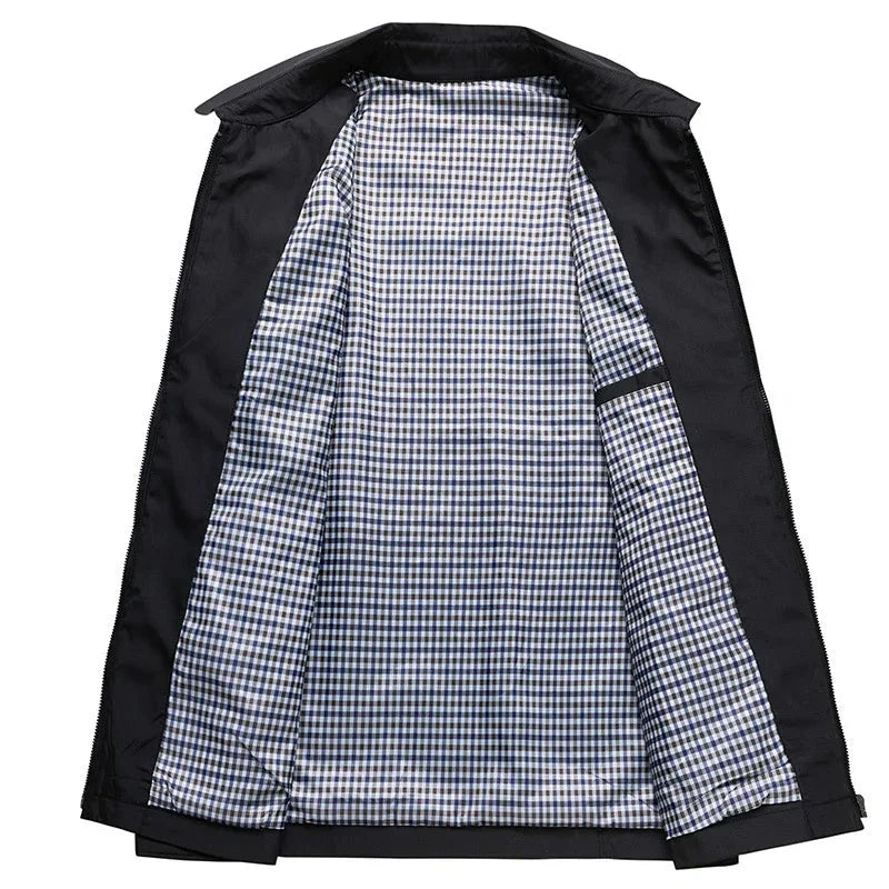 Men’s Classic Black Zip-Up Jacket – Lightweight Checked Lining