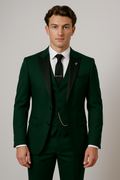 Men’s Dark Green Three-Piece Suit – Tailored, Contrast Lapel