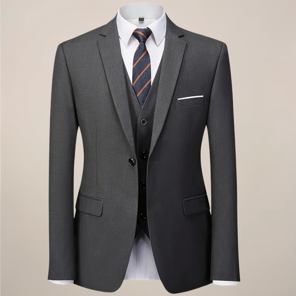 Men’s Dark Grey Three-Piece Suit – Slim Fit Formal Tuxedo for Weddings and Business Events