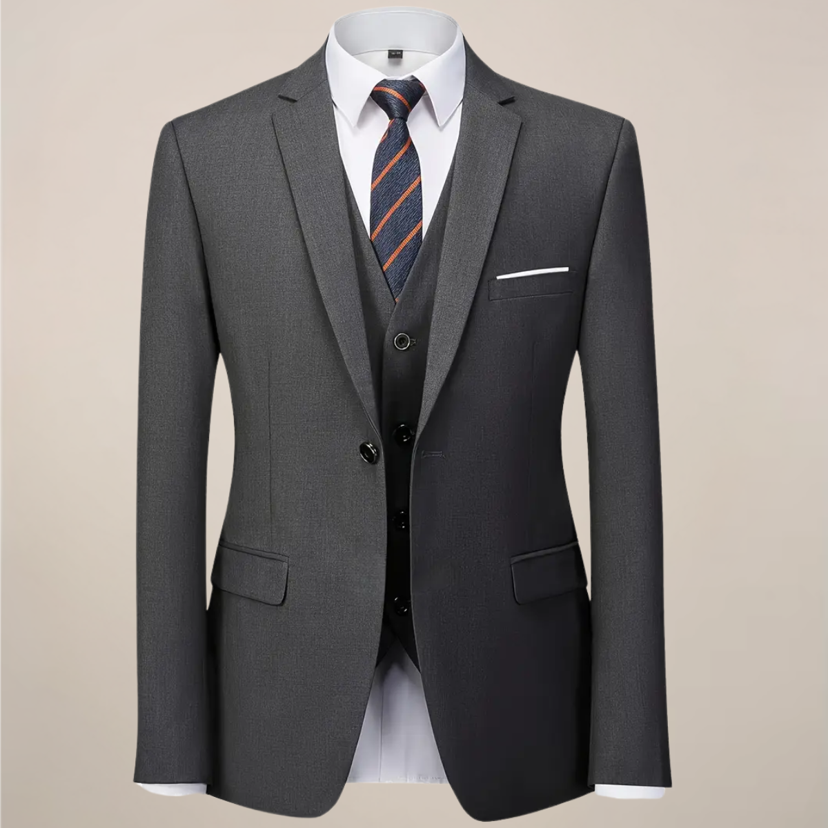 Men’s Dark Grey Three-Piece Suit – Slim Fit Formal Tuxedo for Weddings and Business Events