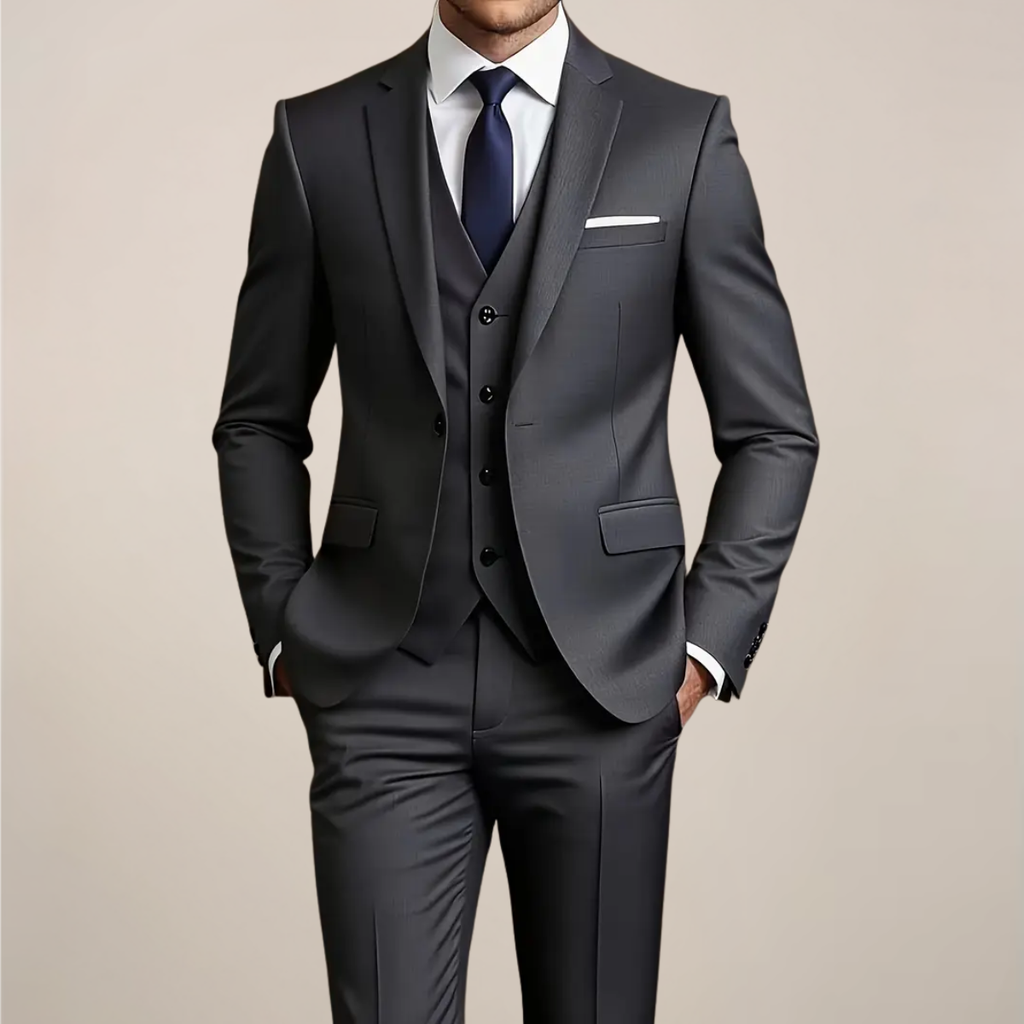 Men’s Dark Grey Three-Piece Suit – Slim Fit Formal Tuxedo for Weddings and Business Events