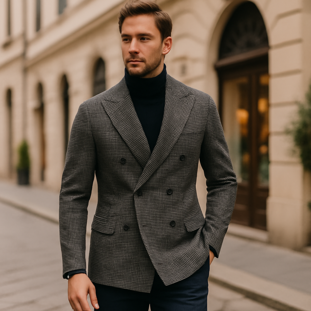 Men’s Double-Breasted Checked Blazer – Tailored Smart Casual Jacket