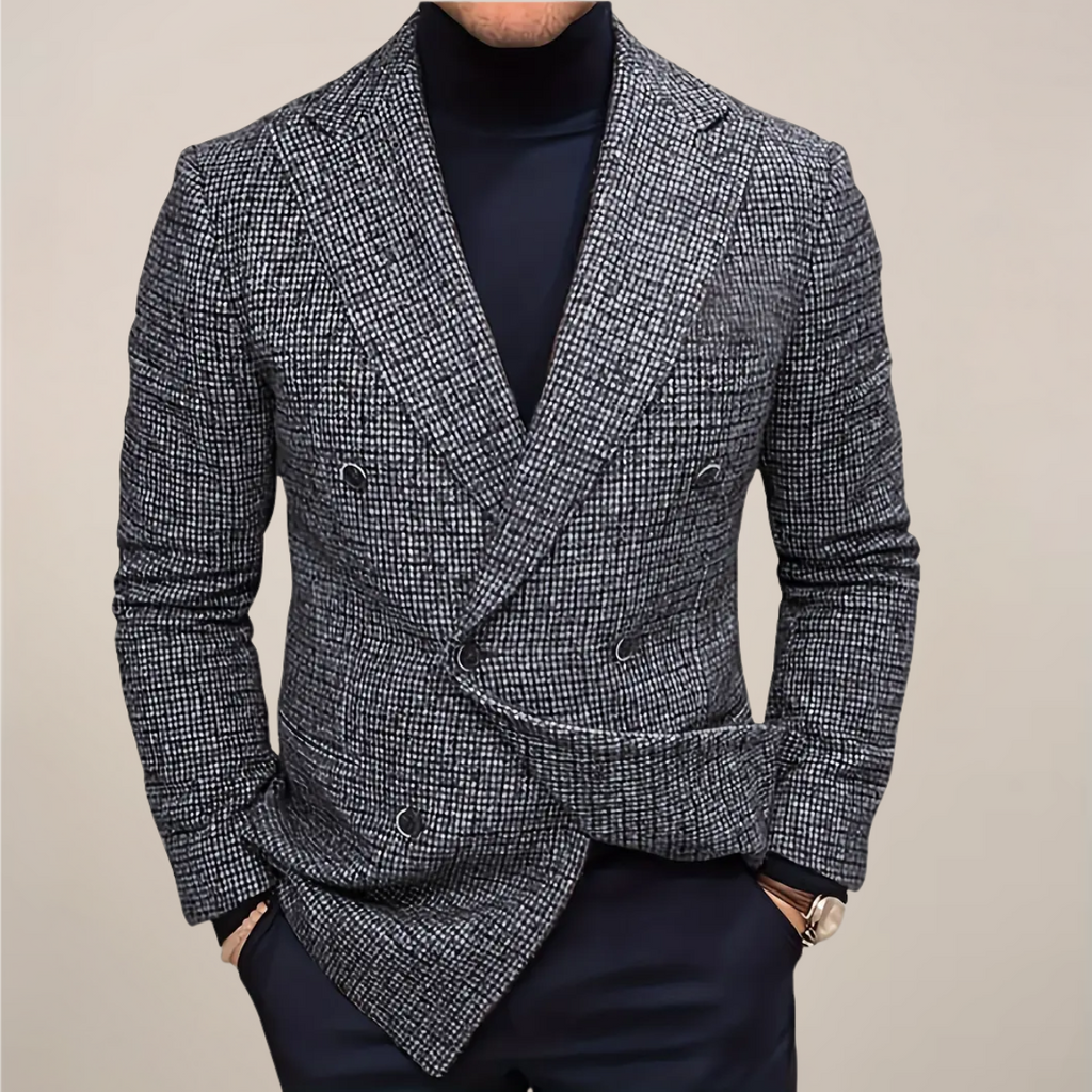 Men’s Double-Breasted Slim Fit Blazer – Check Pattern Tailored Jacket