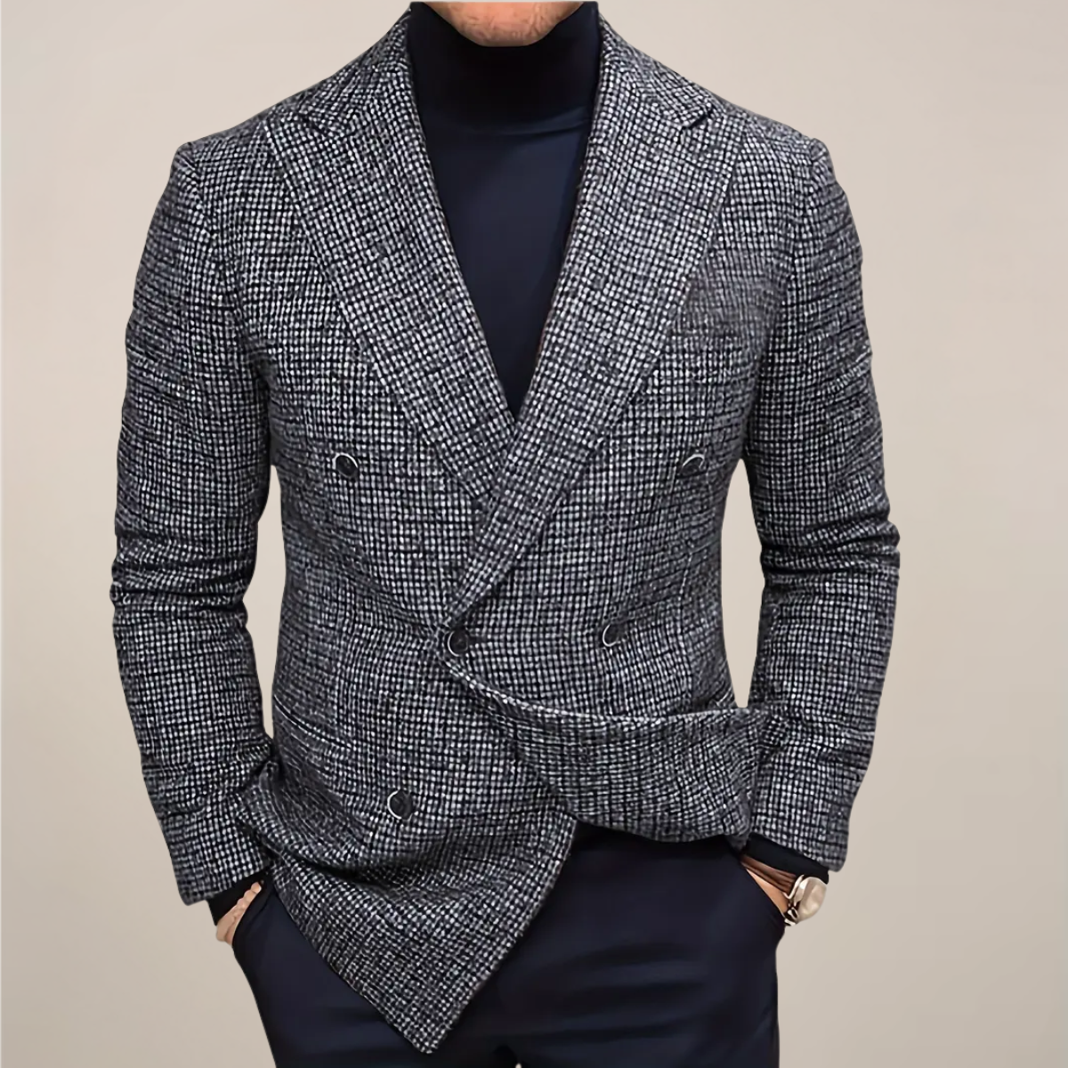 Men’s Double-Breasted Slim Fit Blazer – Check Pattern Tailored Jacket