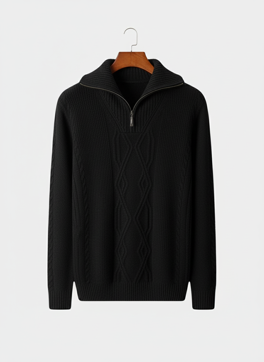 Men’s Half Zip Cable Knit Sweater with Fold Collar – All-Season Casual Layer