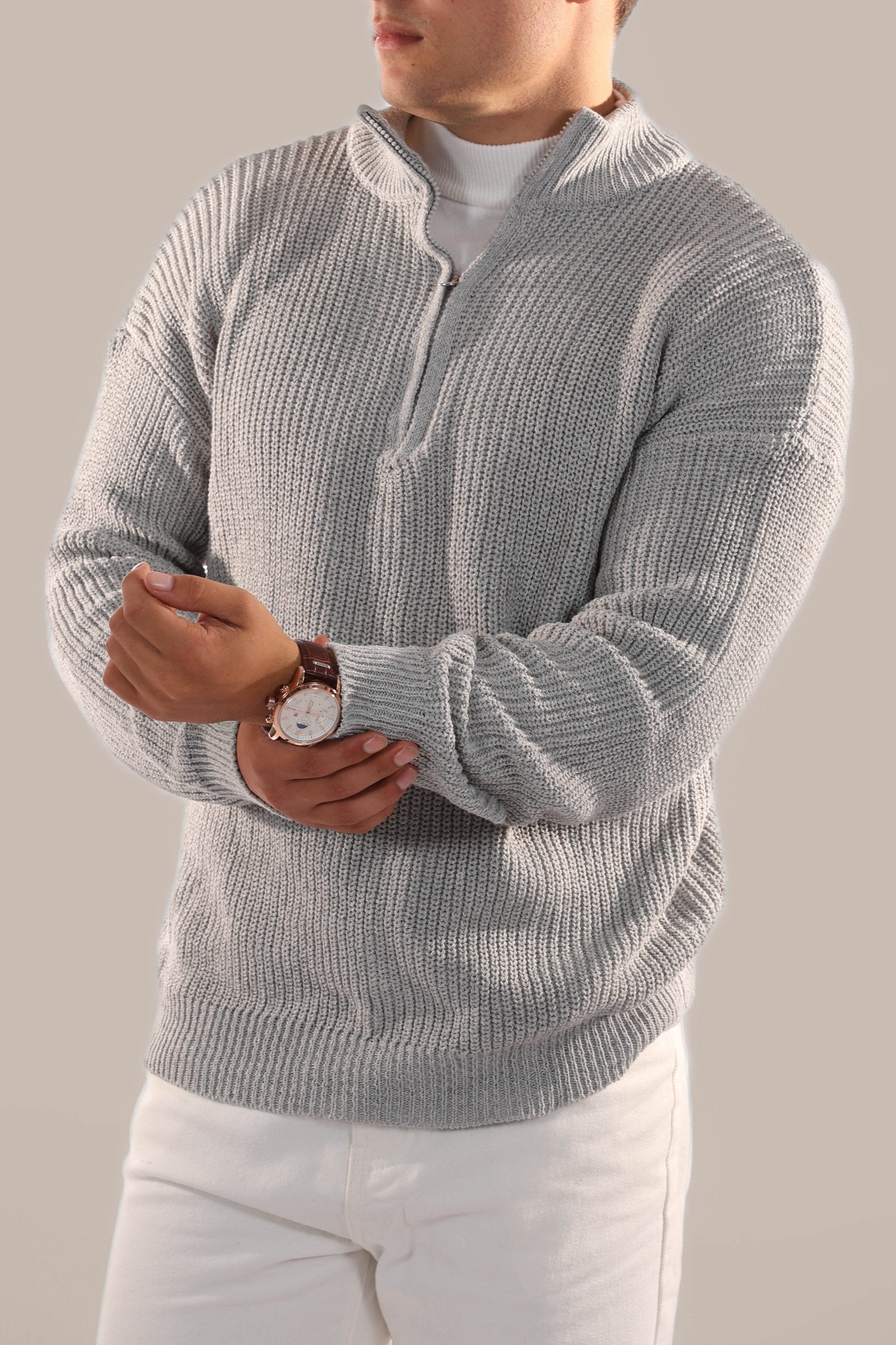 Men’s Half Zip Jumper – Knitted, Stand Collar, Rib Trim
