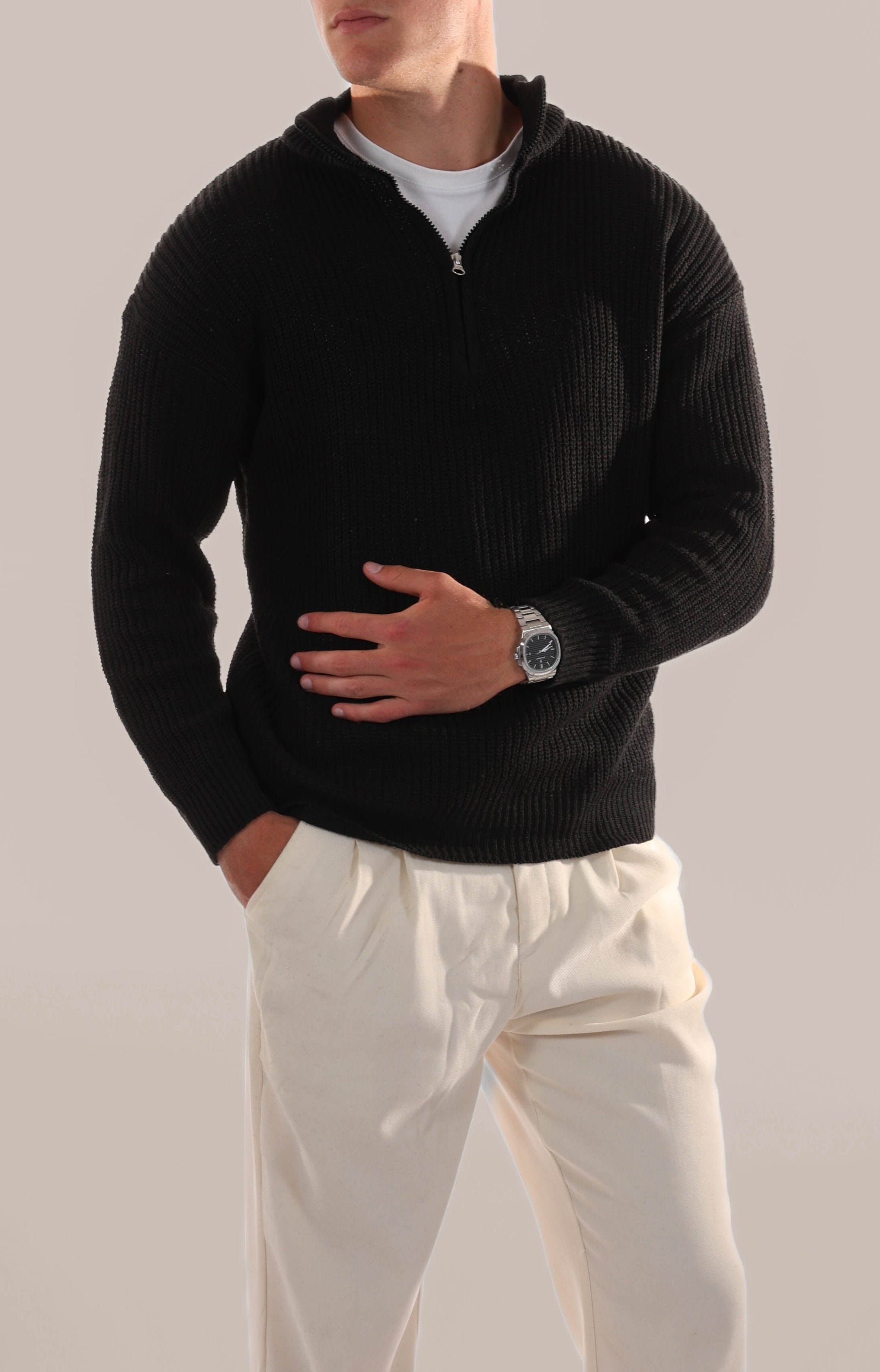 Men’s Half Zip Jumper – Knitted, Stand Collar, Rib Trim