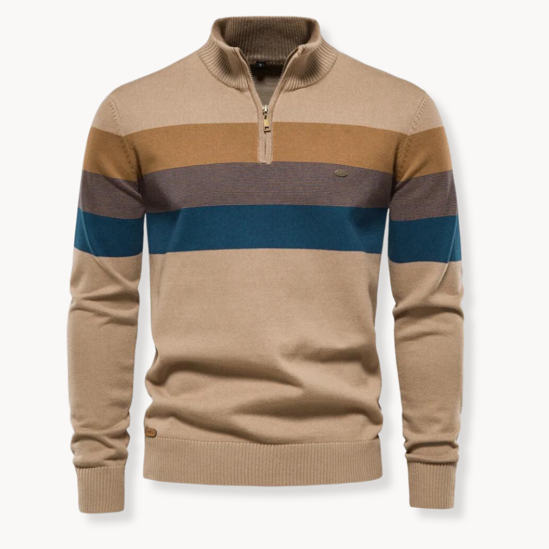 Men’s Half Zip Knitted Sweater with Bold Stripes – Autumn/Winter Casual Wear
