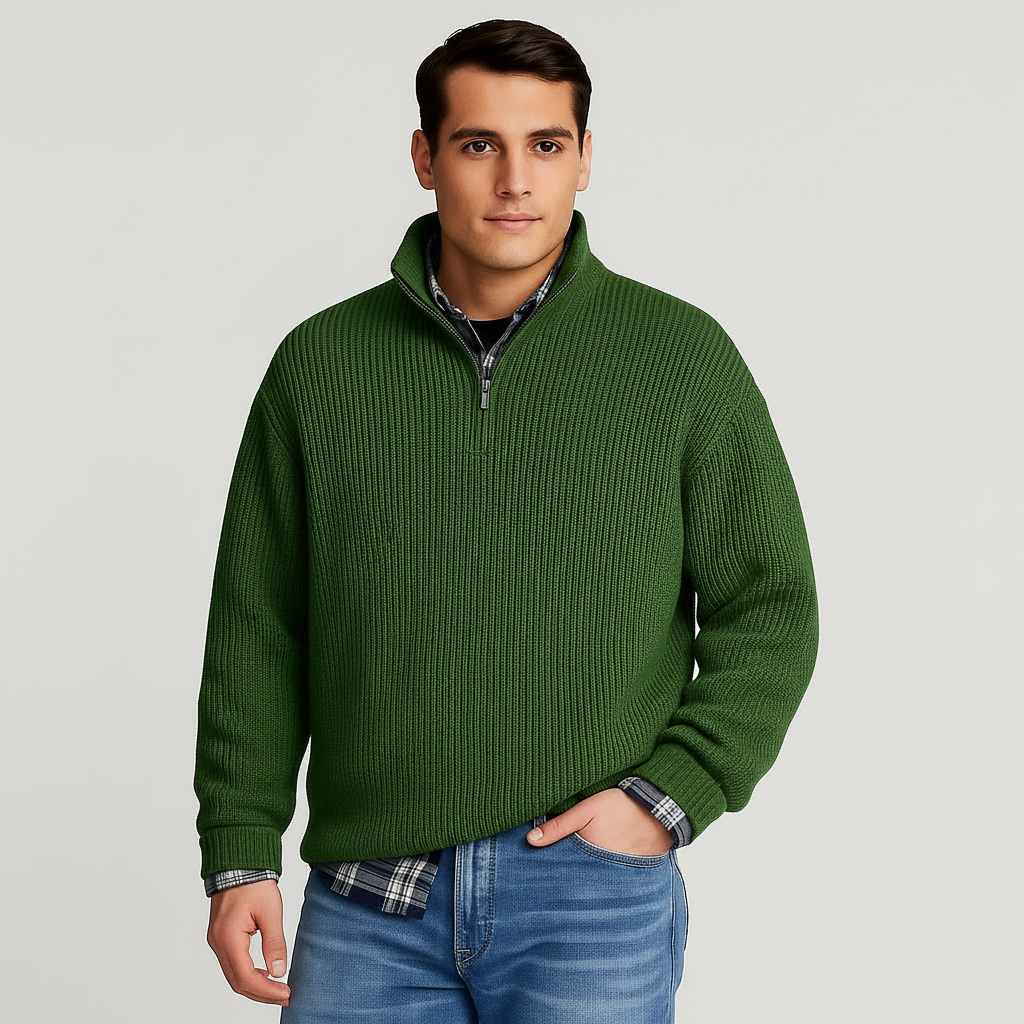 Men’s Half Zip Sweater – Ribbed And Stand Collar Style